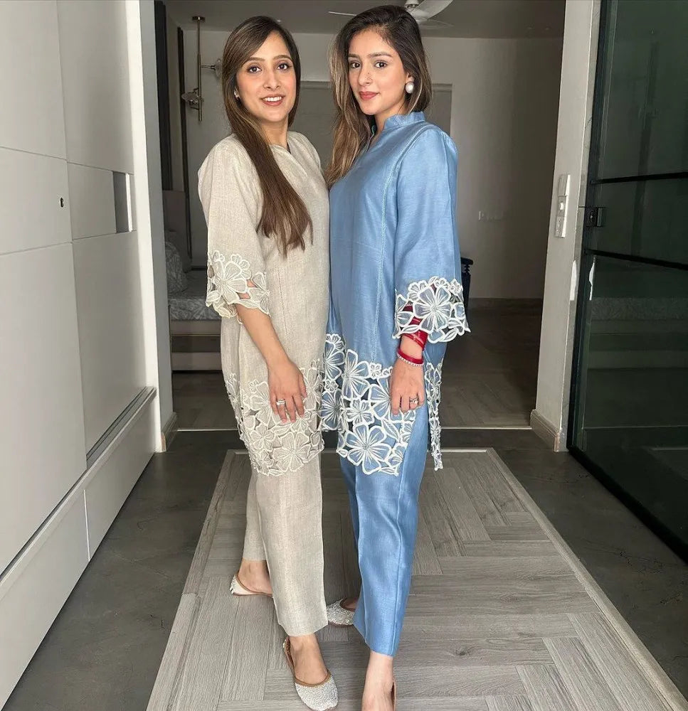 Chinon Silk Kurta and Pant Set With Embroidery Cut Work