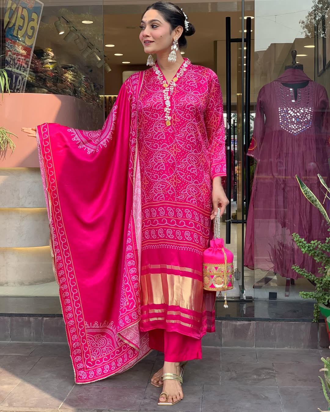 Pink Bandhani Print Embroidered Suit Set