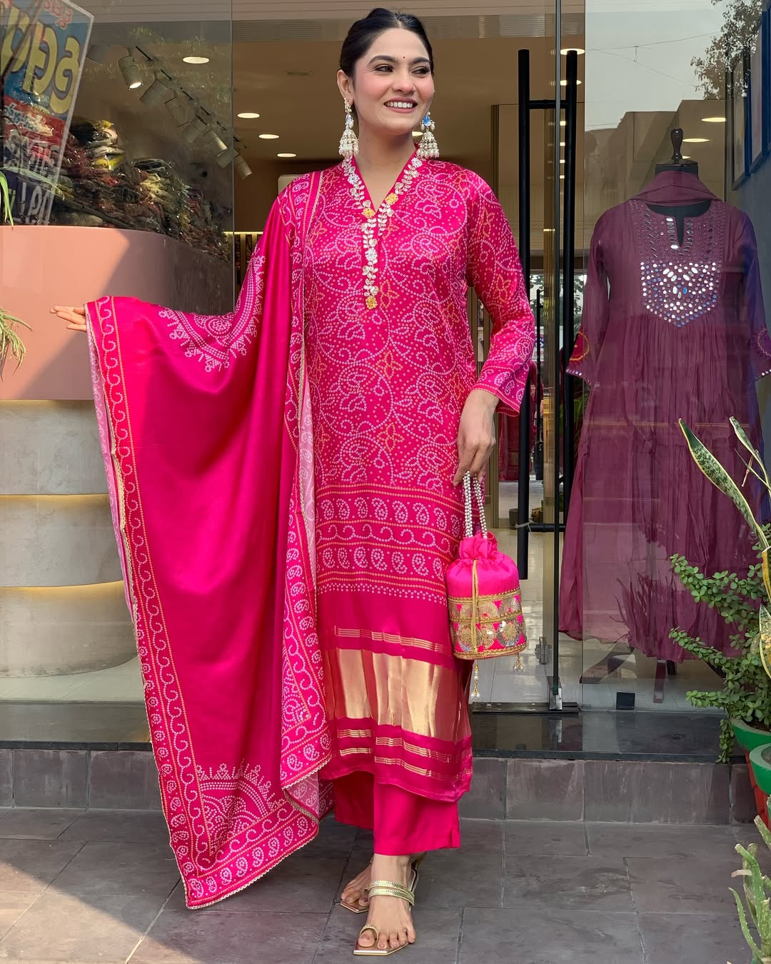 Pink Bandhani Print Embroidered Suit Set