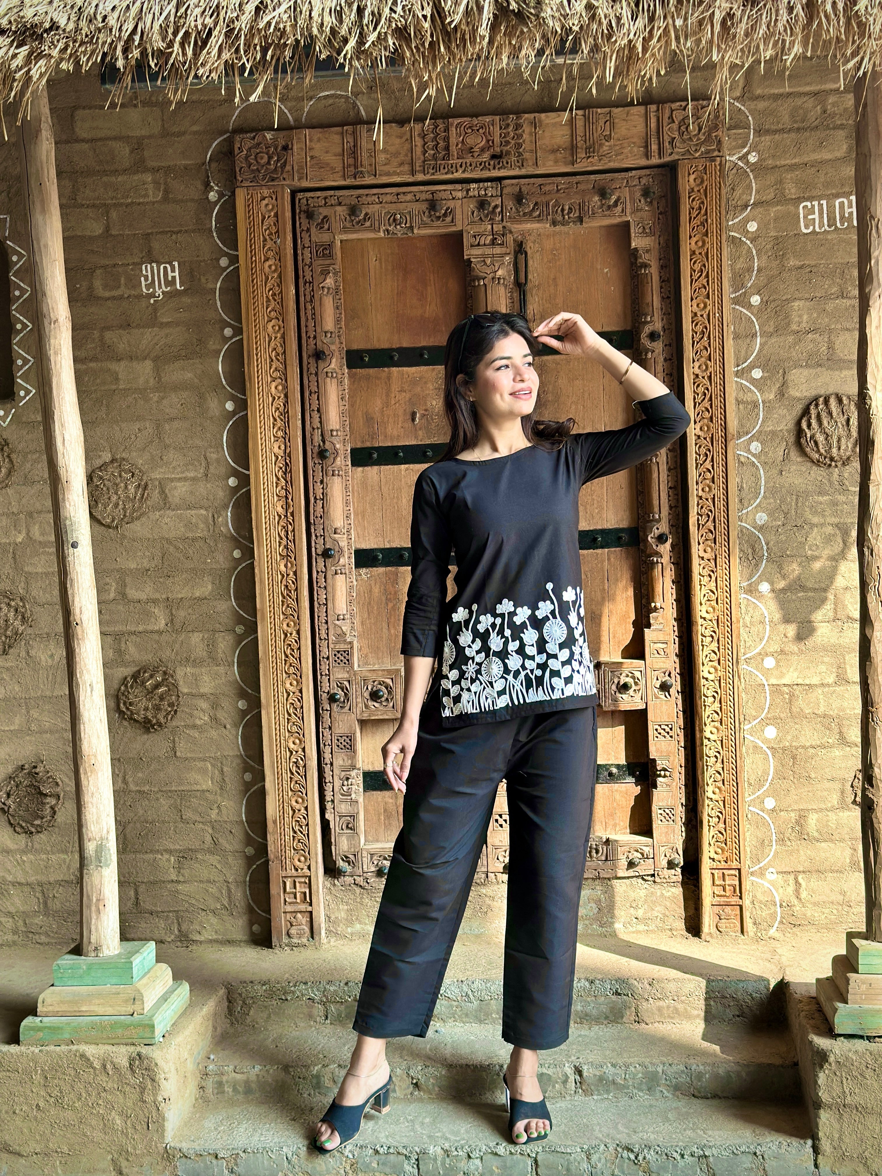 Black Floral Embroidered Thread Work Co-Ords