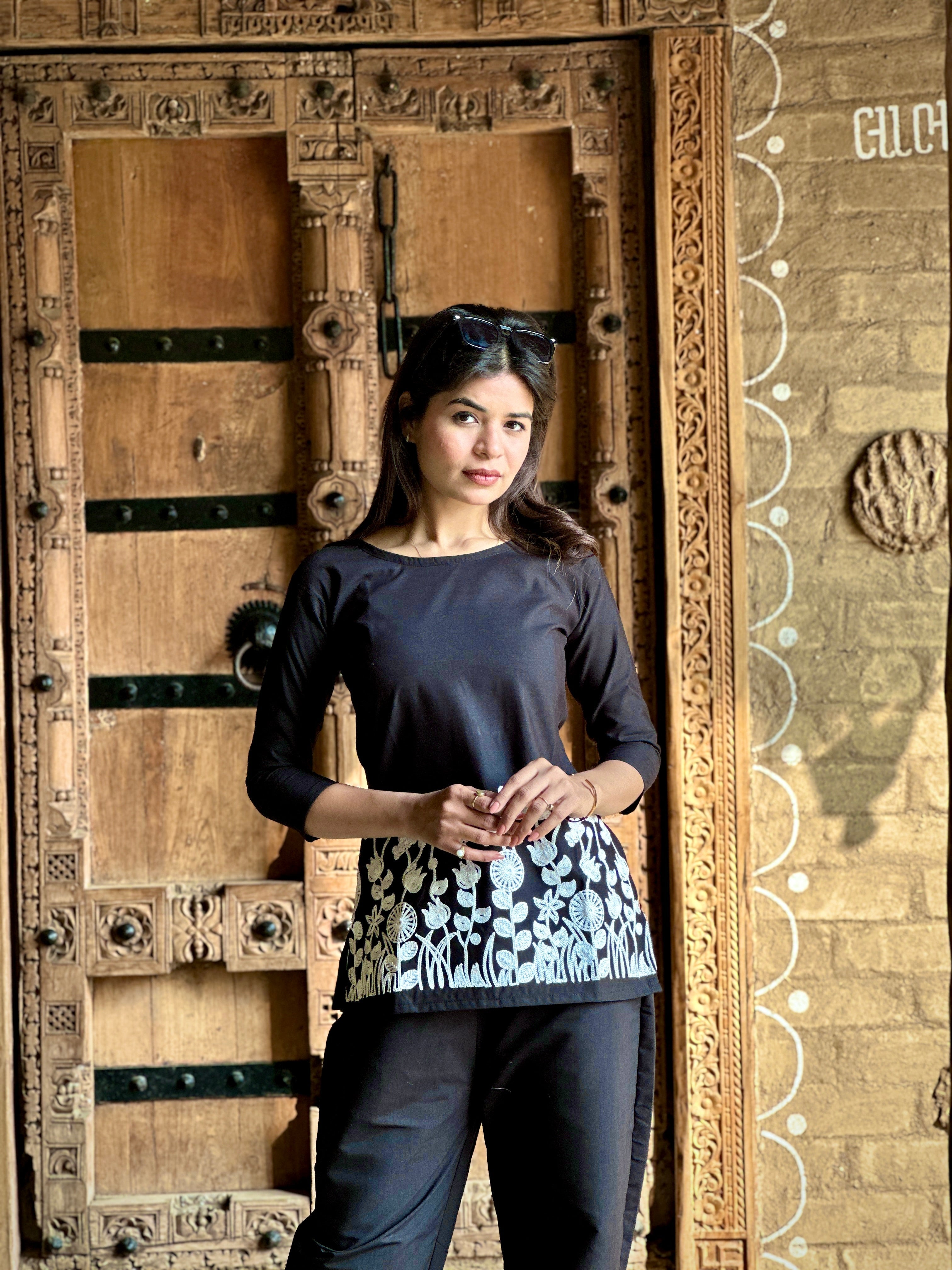 Black Floral Embroidered Thread Work Co-Ords