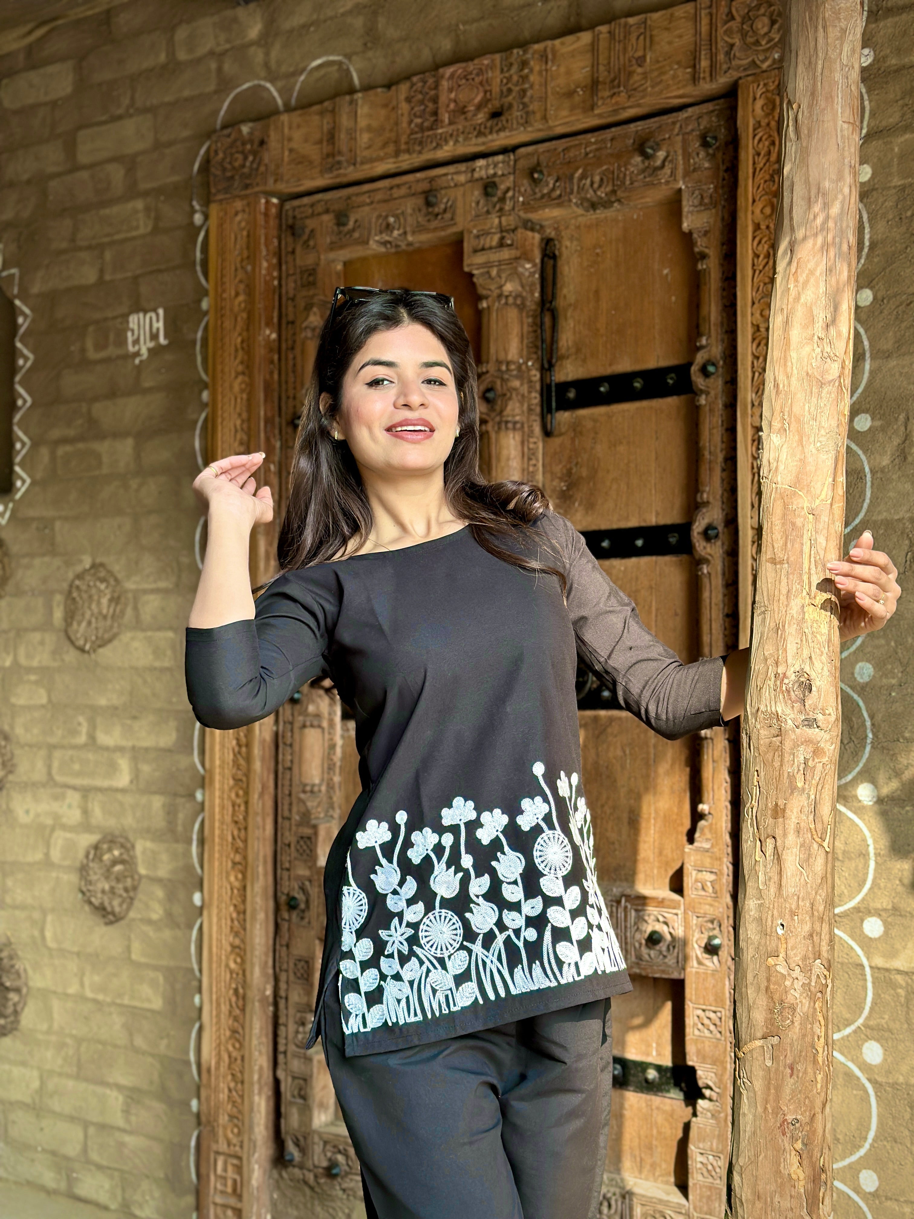 Black Floral Embroidered Thread Work Co-Ords