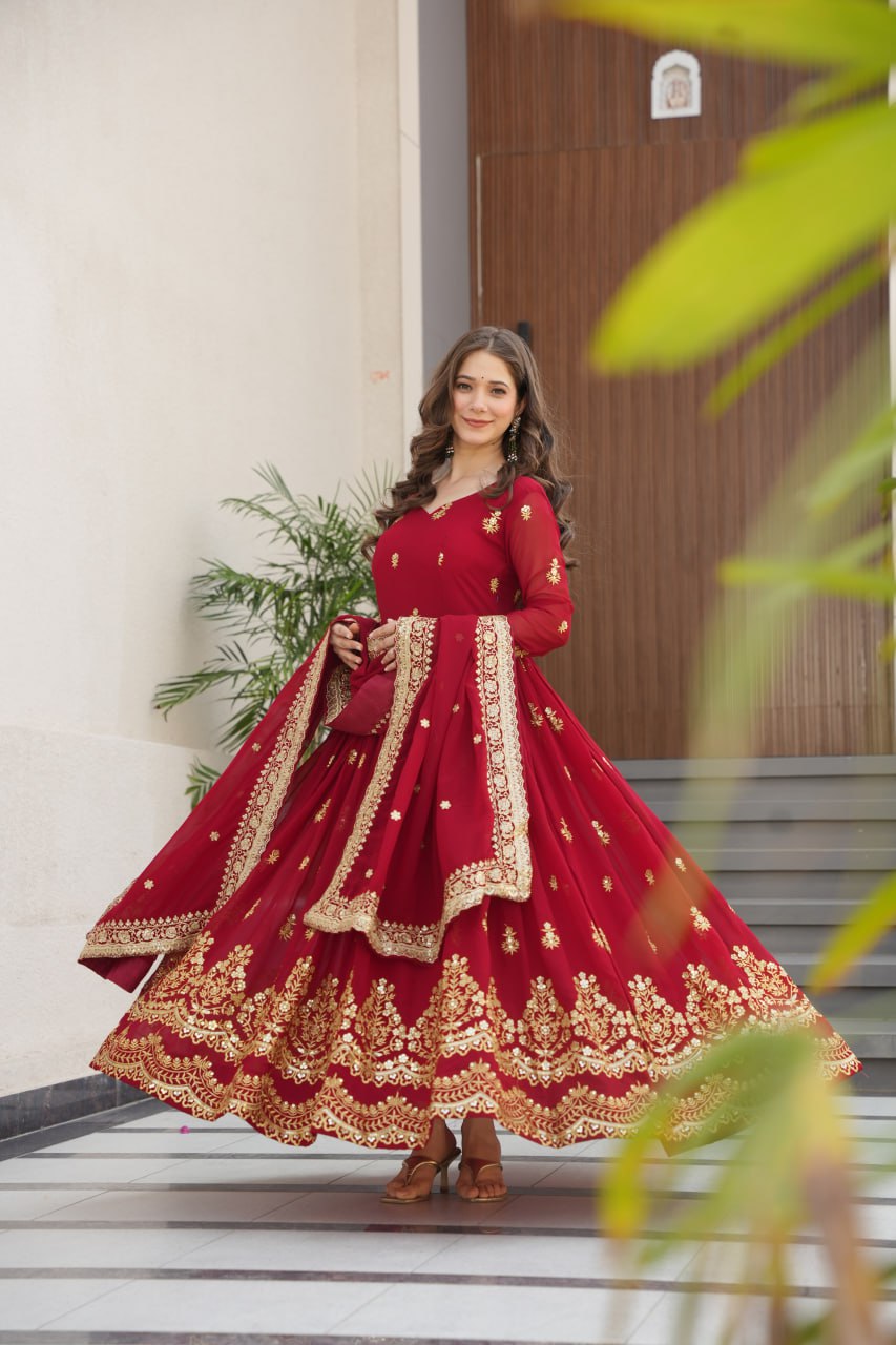 Purple Luxury Faux Blooming Zari & Sequins Embroidered Designer Gown with Matching Dupatta