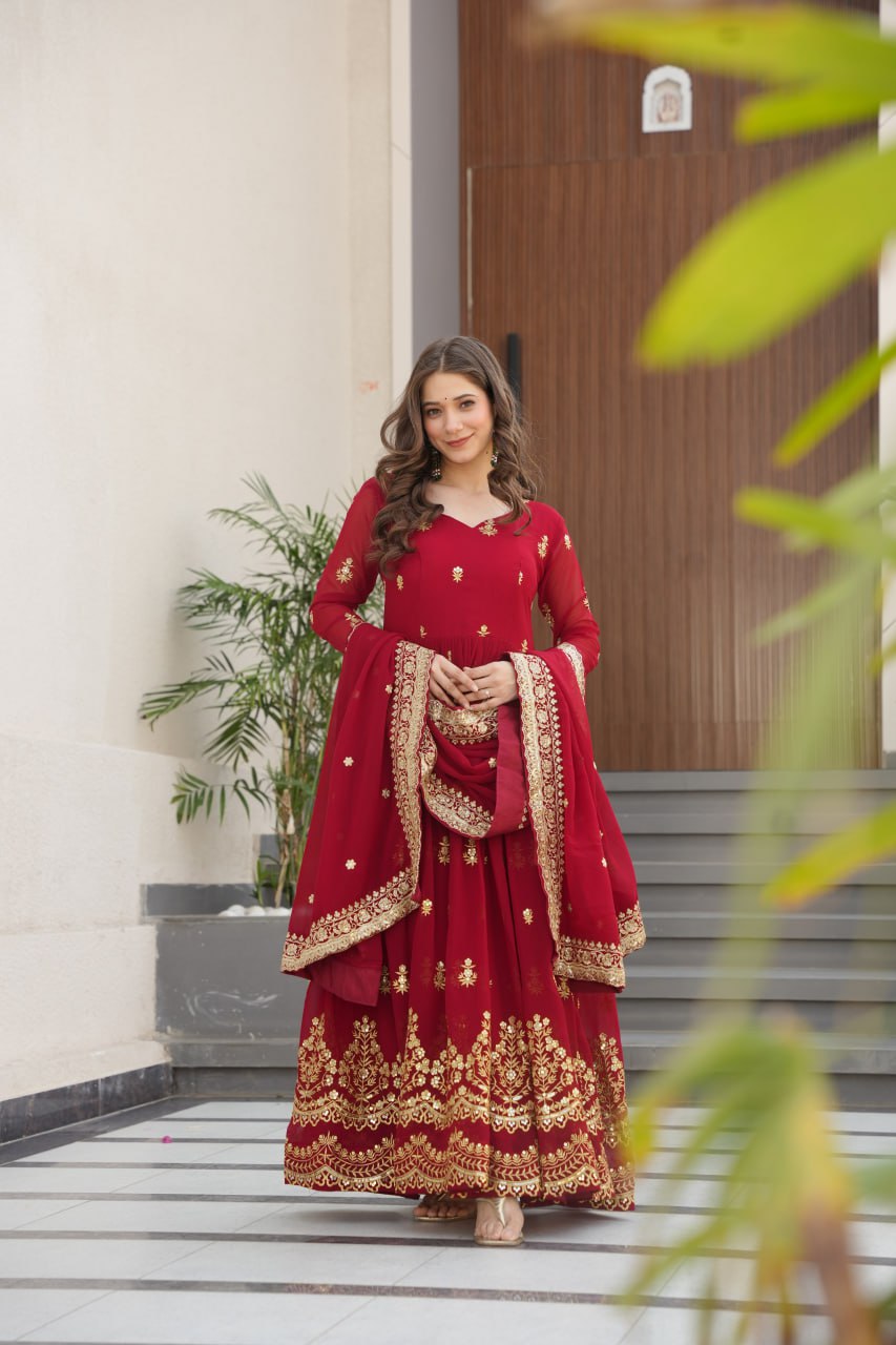 Purple Luxury Faux Blooming Zari & Sequins Embroidered Designer Gown with Matching Dupatta