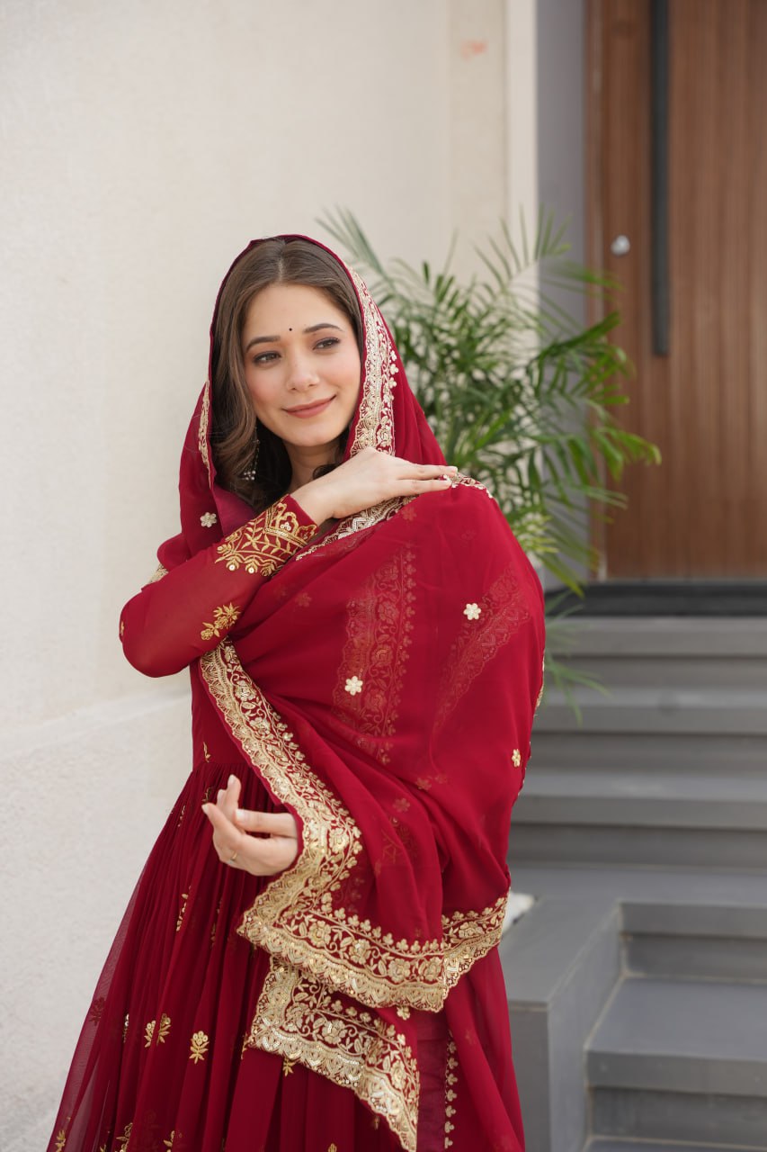 Purple Luxury Faux Blooming Zari & Sequins Embroidered Designer Gown with Matching Dupatta