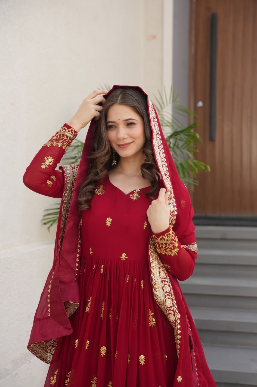 Purple Luxury Faux Blooming Zari & Sequins Embroidered Designer Gown with Matching Dupatta