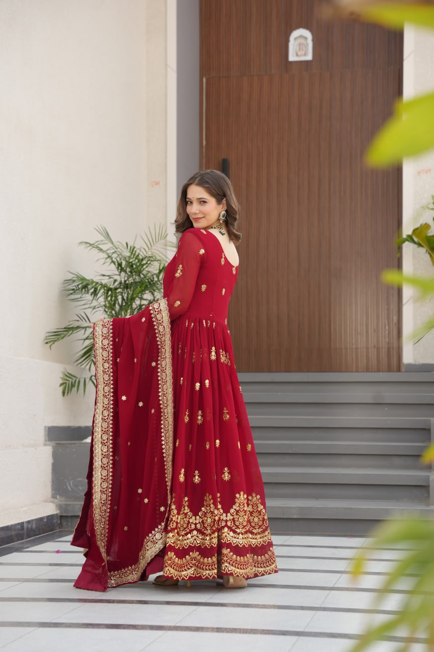 Purple Luxury Faux Blooming Zari & Sequins Embroidered Designer Gown with Matching Dupatta