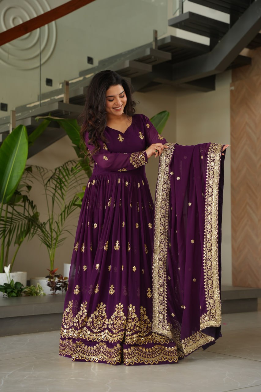 Purple Luxury Faux Blooming Zari & Sequins Embroidered Designer Gown with Matching Dupatta