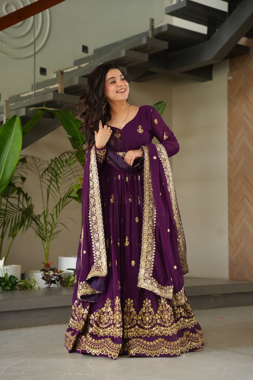Purple Luxury Faux Blooming Zari & Sequins Embroidered Designer Gown with Matching Dupatta