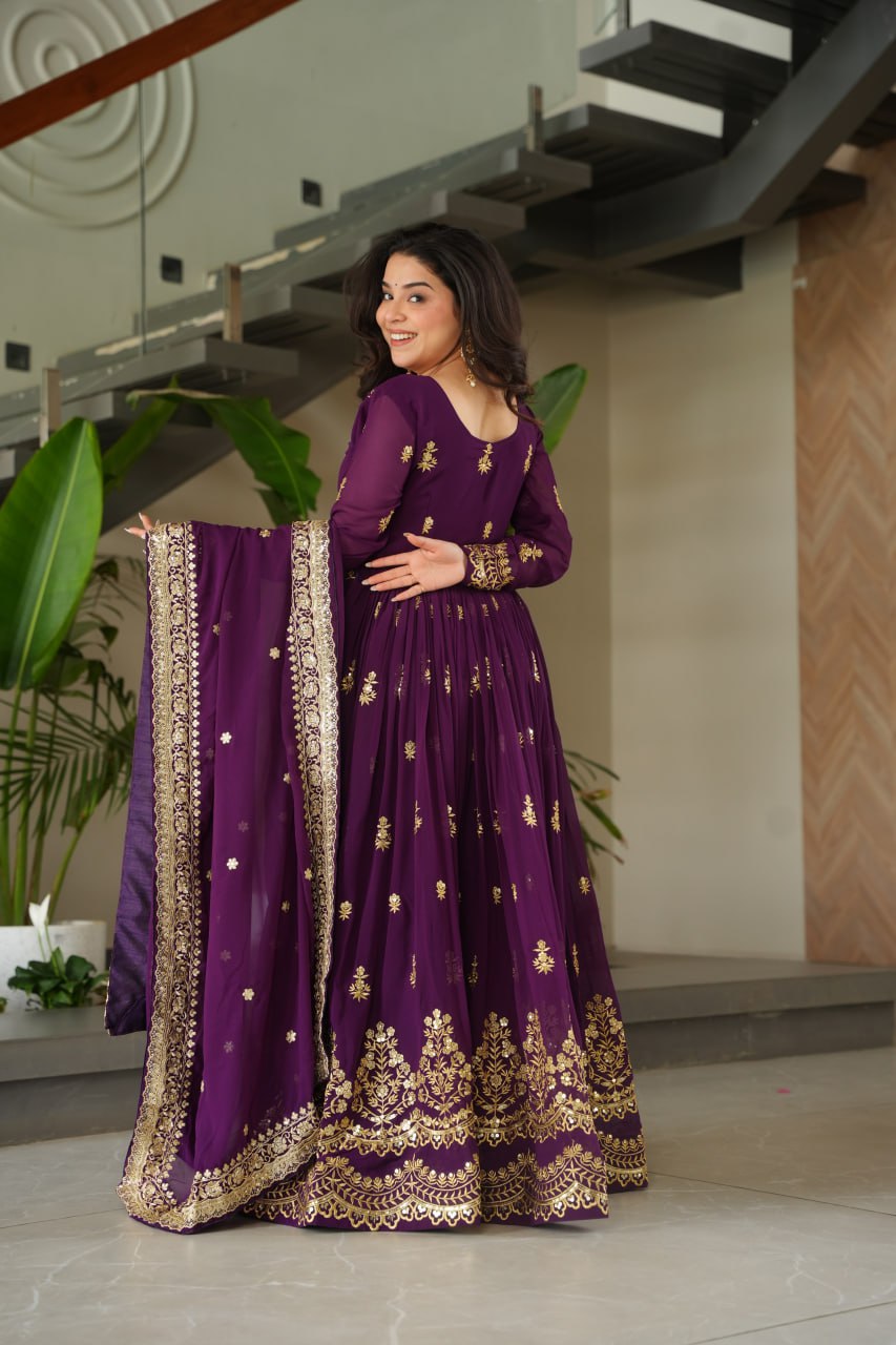 Purple Luxury Faux Blooming Zari & Sequins Embroidered Designer Gown with Matching Dupatta