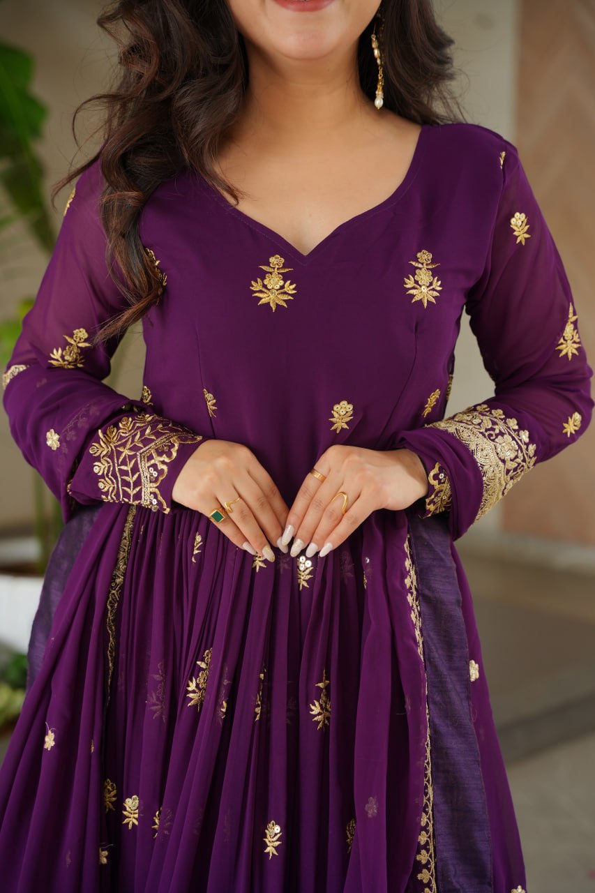 Purple Luxury Faux Blooming Zari & Sequins Embroidered Designer Gown with Matching Dupatta