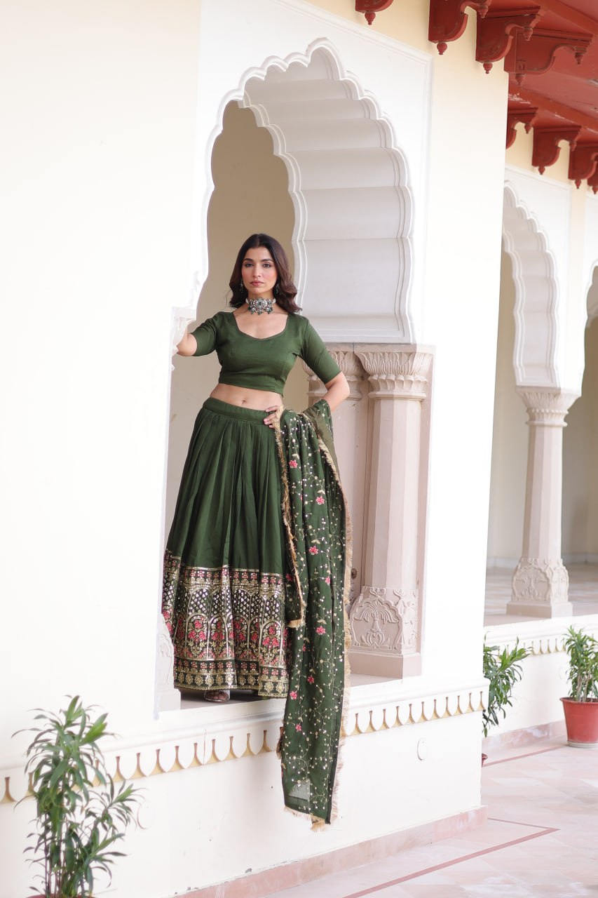 Maroon Elegant Vichitra Silk Sequins & Thread Embroidered Lehenga Set with Designer Lace Dupatta
