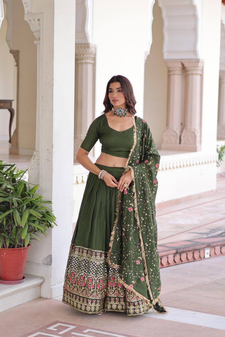 Maroon Elegant Vichitra Silk Sequins & Thread Embroidered Lehenga Set with Designer Lace Dupatta