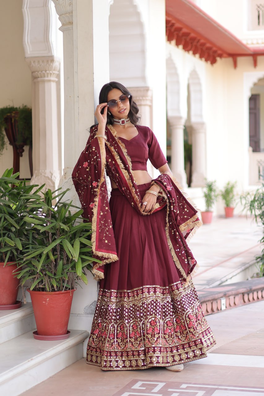 Maroon Elegant Vichitra Silk Sequins & Thread Embroidered Lehenga Set with Designer Lace Dupatta