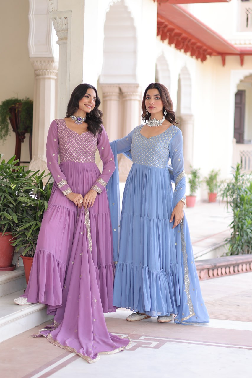 Fresh Onion Pink Faux Georgette Embroidered Sequins Zari Work Gown with Three Layer Frill Stitch for Reception Wear