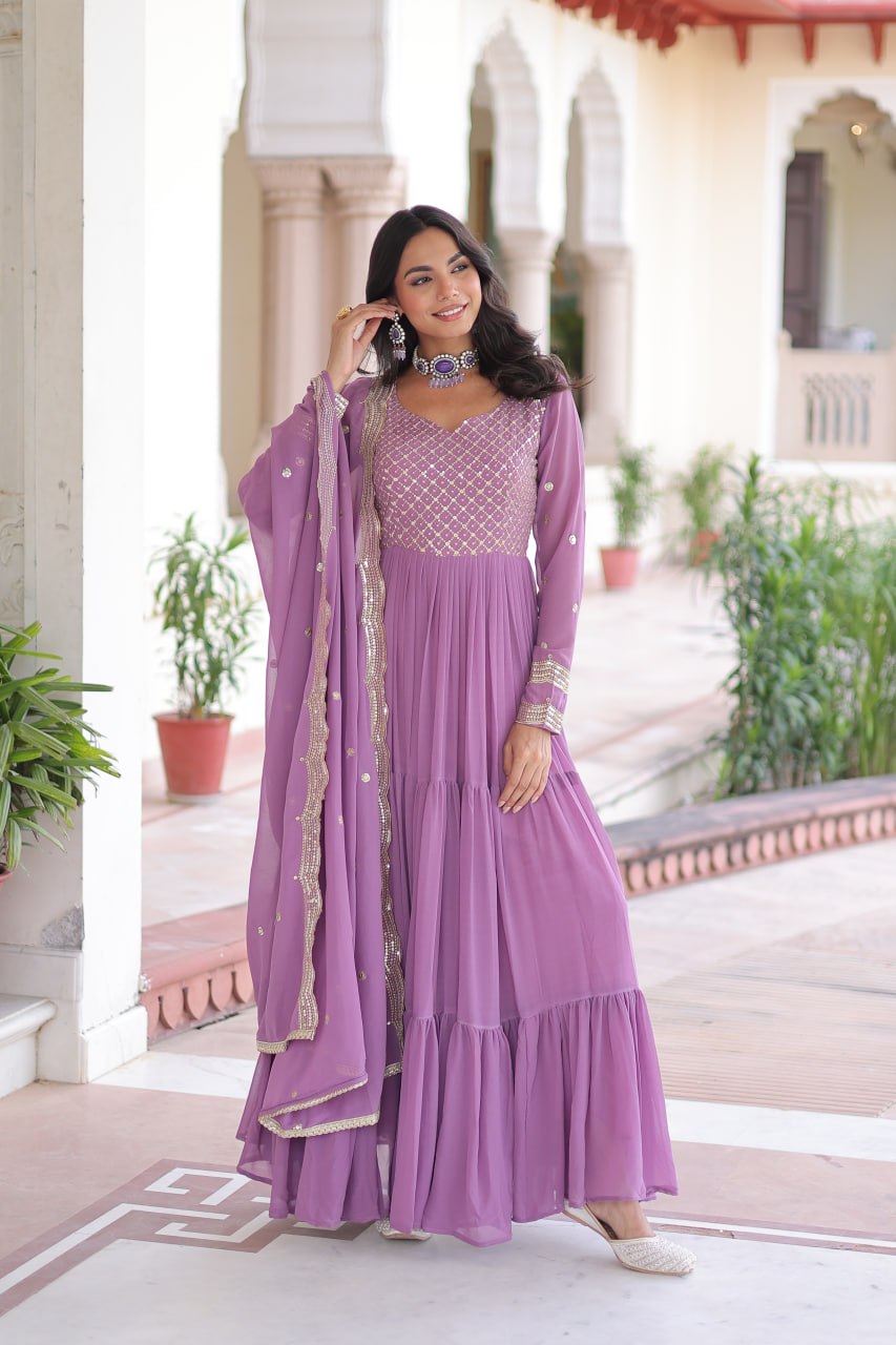 Fresh Onion Pink Faux Georgette Embroidered Sequins Zari Work Gown with Three Layer Frill Stitch for Reception Wear