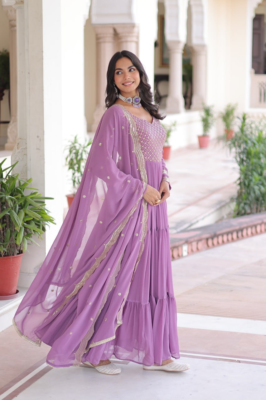 Fresh Onion Pink Faux Georgette Embroidered Sequins Zari Work Gown with Three Layer Frill Stitch for Reception Wear