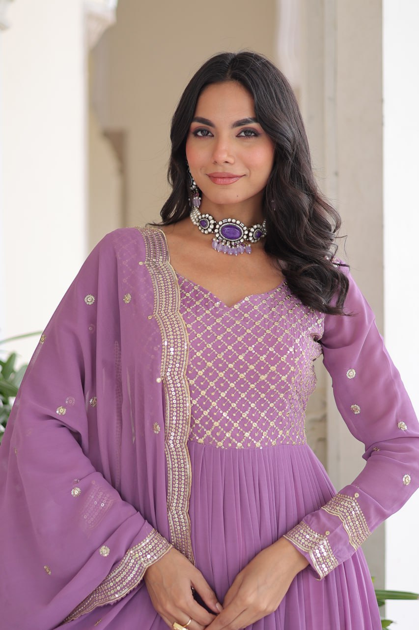 Fresh Onion Pink Faux Georgette Embroidered Sequins Zari Work Gown with Three Layer Frill Stitch for Reception Wear