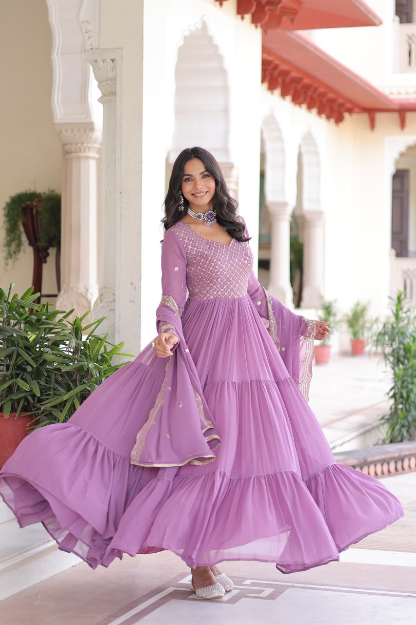 Fresh Onion Pink Faux Georgette Embroidered Sequins Zari Work Gown with Three Layer Frill Stitch for Reception Wear