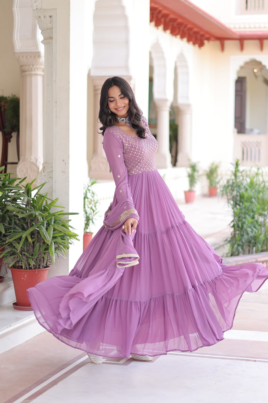 Fresh Onion Pink Faux Georgette Embroidered Sequins Zari Work Gown with Three Layer Frill Stitch for Reception Wear