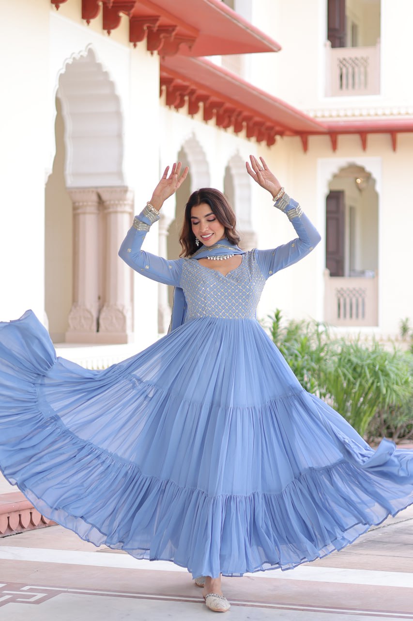 Fresh Onion Pink Faux Georgette Embroidered Sequins Zari Work Gown with Three Layer Frill Stitch for Reception Wear