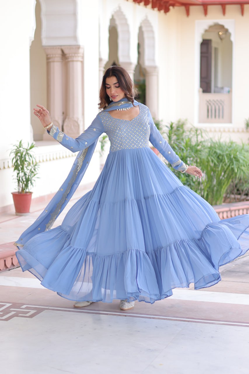 Fresh Onion Pink Faux Georgette Embroidered Sequins Zari Work Gown with Three Layer Frill Stitch for Reception Wear