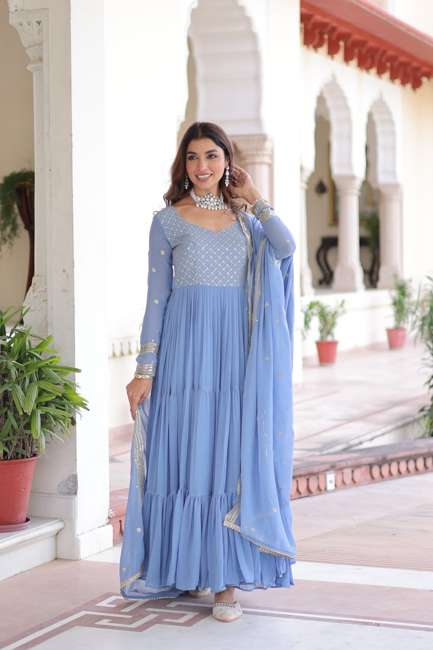Fresh Onion Pink Faux Georgette Embroidered Sequins Zari Work Gown with Three Layer Frill Stitch for Reception Wear