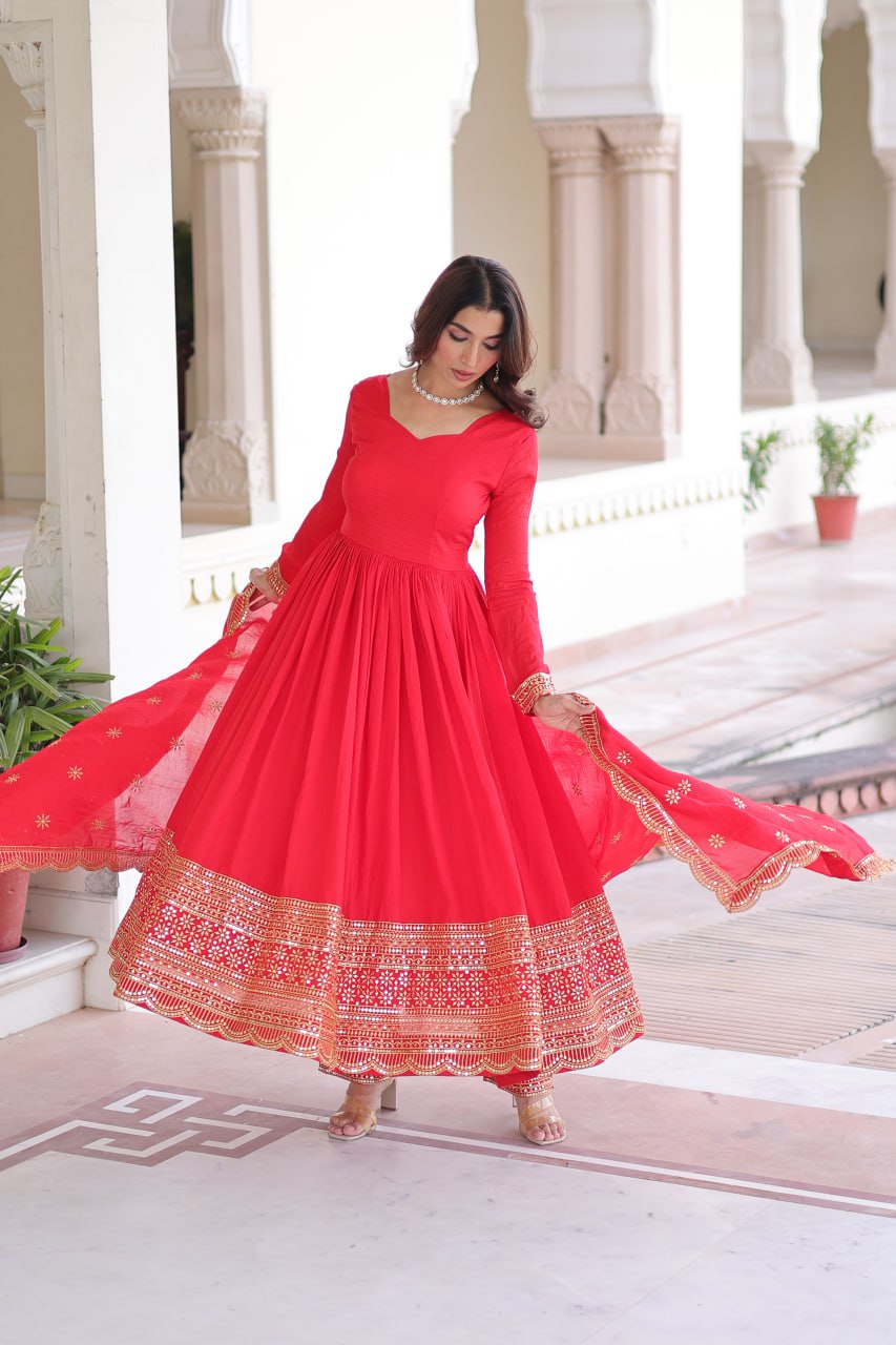 Red Vichitra Silk Embroidered Gown Set with Sequins Work, Dupatta & Bottom – Full Sleeves, Fancy V-Neck, 3-Meter Flair
