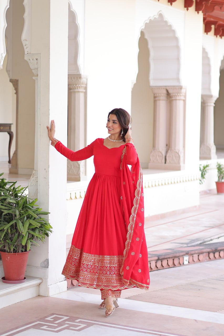 Red Vichitra Silk Embroidered Gown Set with Sequins Work, Dupatta & Bottom – Full Sleeves, Fancy V-Neck, 3-Meter Flair