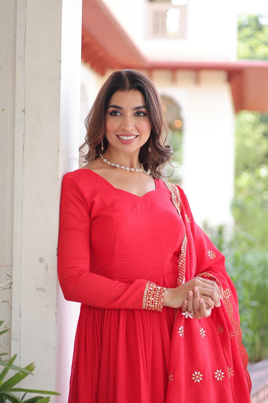 Red Vichitra Silk Embroidered Gown Set with Sequins Work, Dupatta & Bottom – Full Sleeves, Fancy V-Neck, 3-Meter Flair
