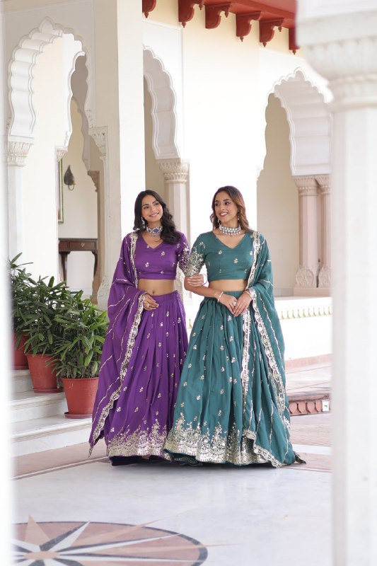 Teal Colour Premium Vichitra Silk Sequins & Zari Multi-Embroidered Lehenga Choli Set