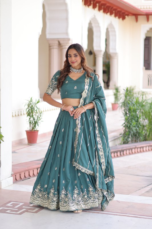 Teal Colour Premium Vichitra Silk Sequins & Zari Multi-Embroidered Lehenga Choli Set