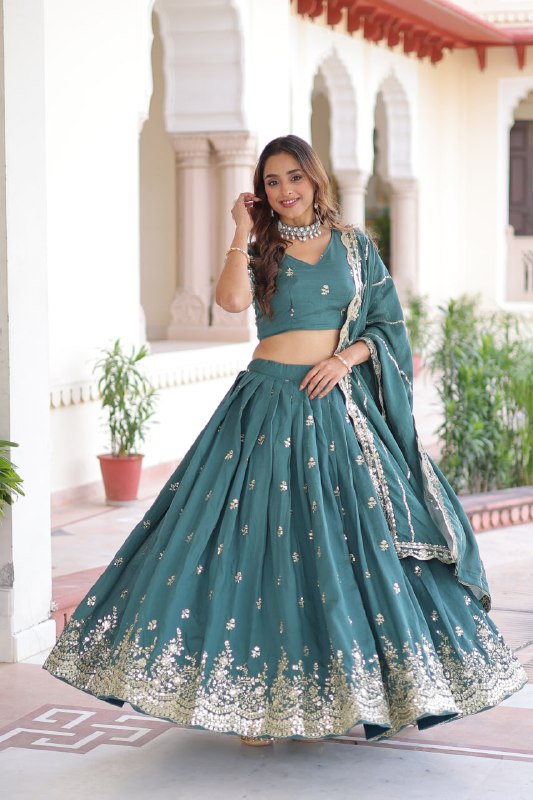 Teal Colour Premium Vichitra Silk Sequins & Zari Multi-Embroidered Lehenga Choli Set
