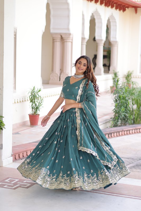 Teal Colour Premium Vichitra Silk Sequins & Zari Multi-Embroidered Lehenga Choli Set