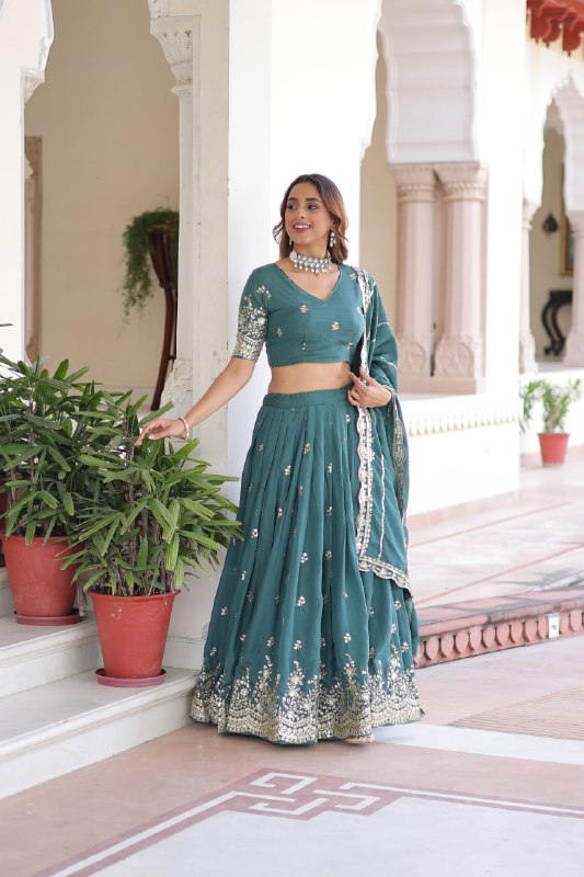 Teal Colour Premium Vichitra Silk Sequins & Zari Multi-Embroidered Lehenga Choli Set