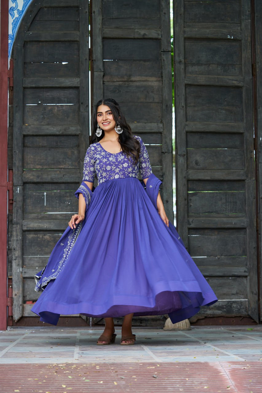 Purple Premium Faux Blooming Sequins & Multithread Beads Embroidered Gown with Designer Dupatta