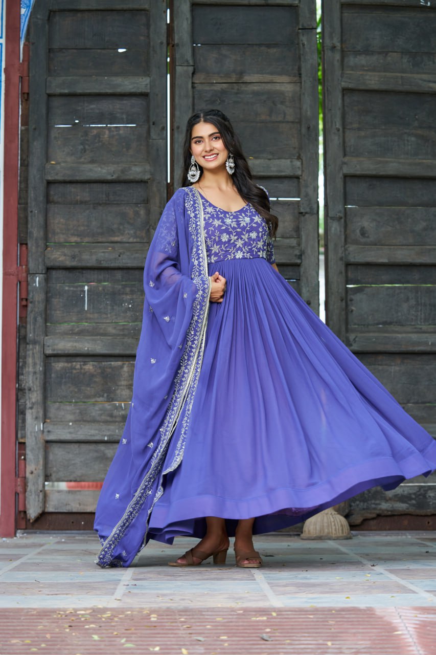 Purple Premium Faux Blooming Sequins & Multithread Beads Embroidered Gown with Designer Dupatta