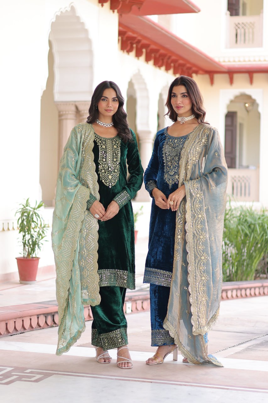 Bottle Green Sequins Embroidered Velvet Trouser Kameez