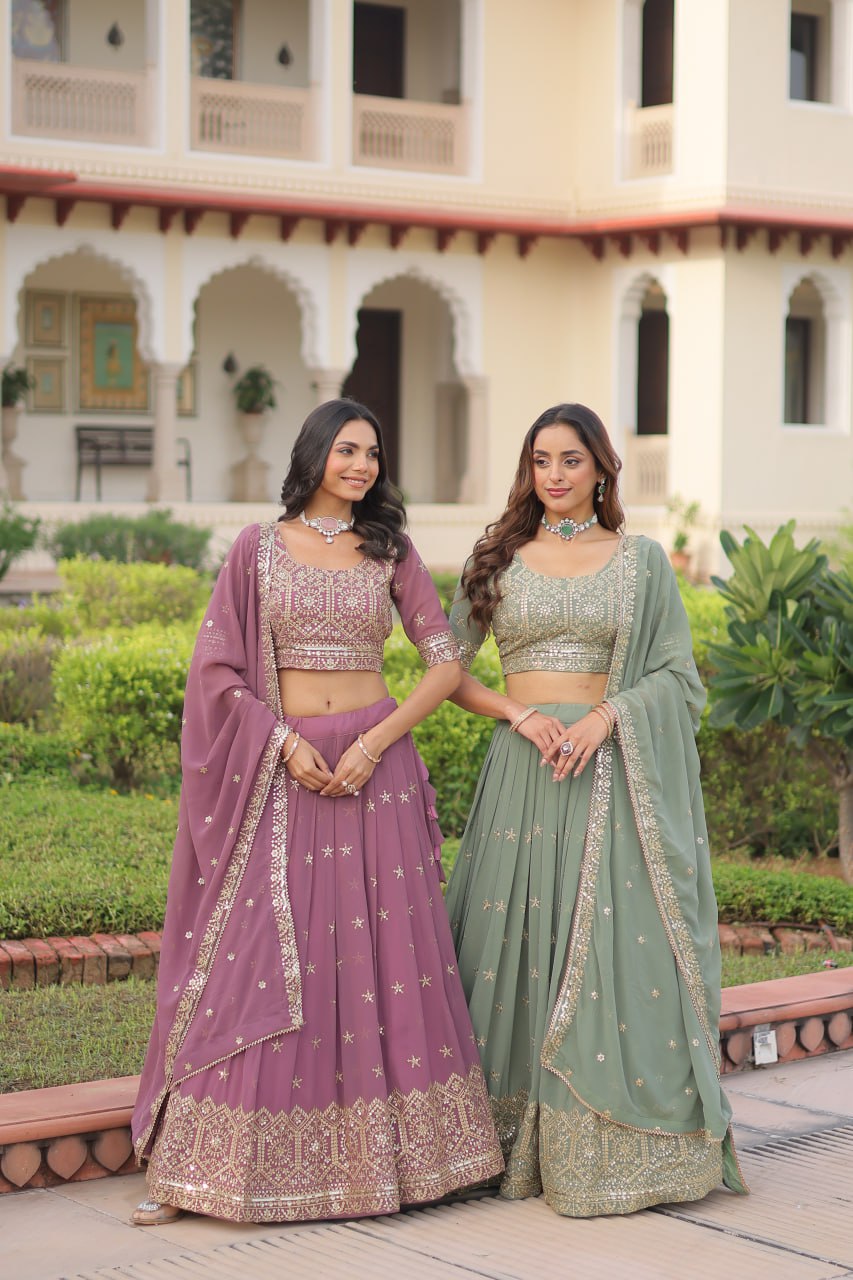 Embroidered Sequinned Semi-Stitched Lehenga & Blouse With Dupatta