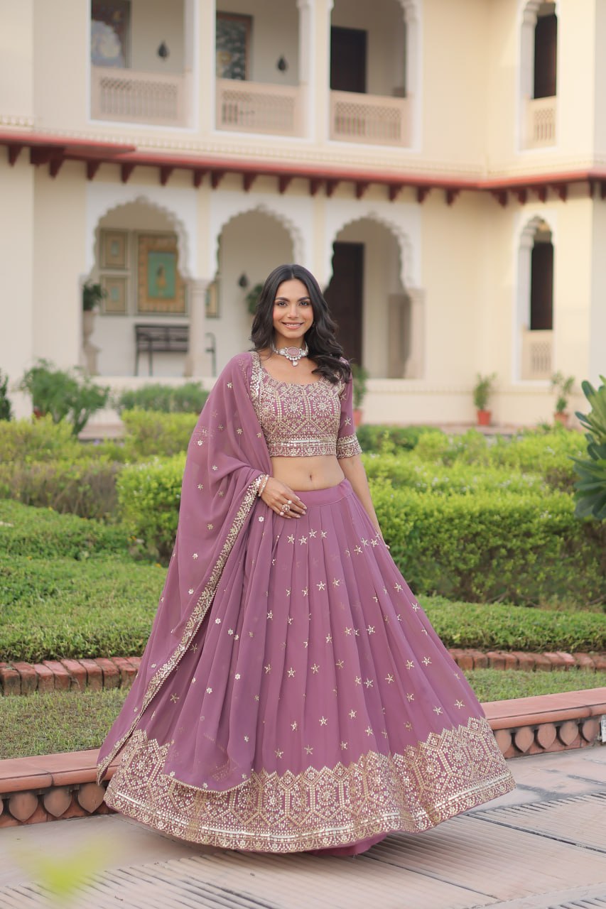 Embroidered Sequinned Semi-Stitched Lehenga & Blouse With Dupatta