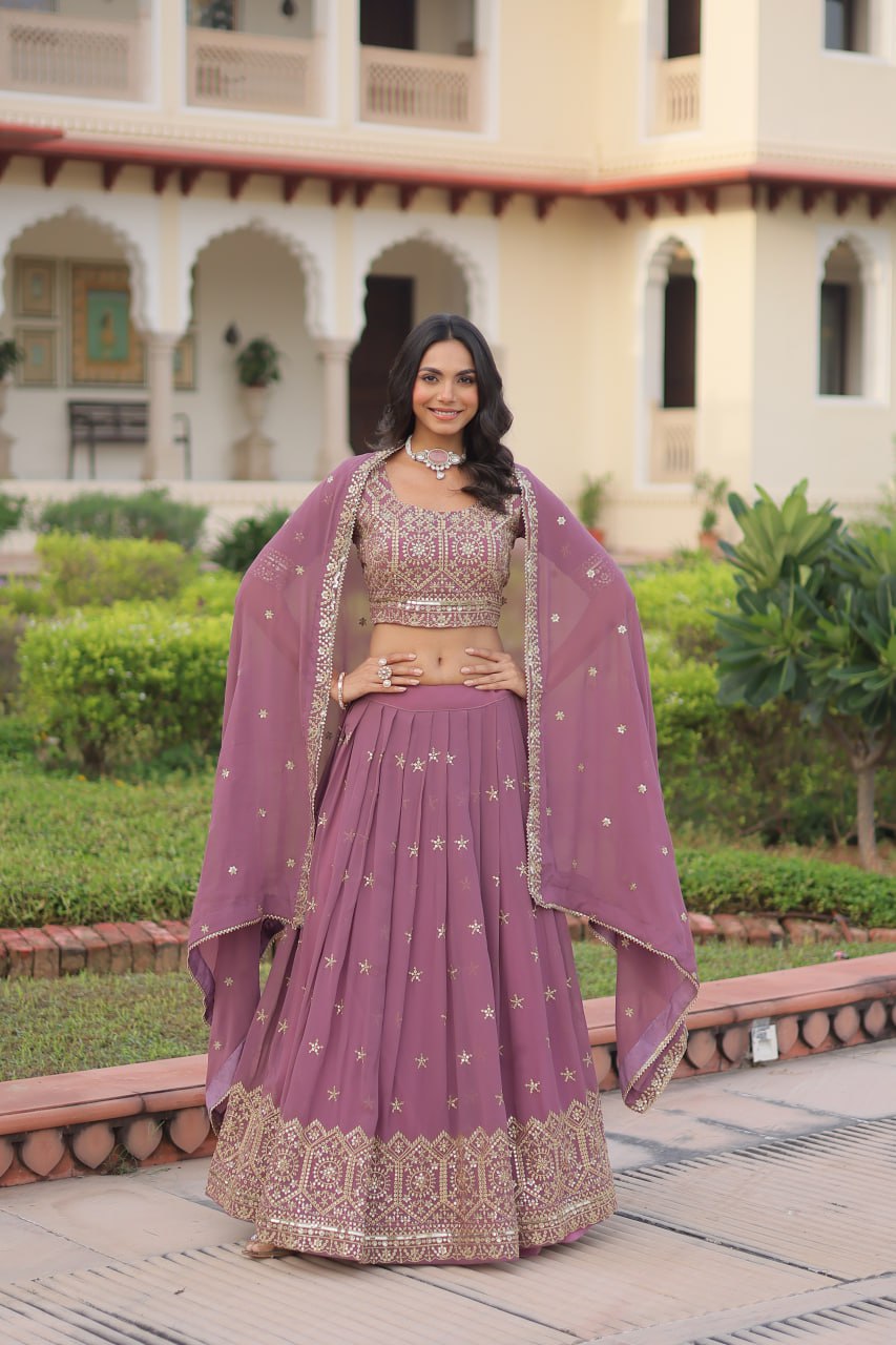 Embroidered Sequinned Semi-Stitched Lehenga & Blouse With Dupatta