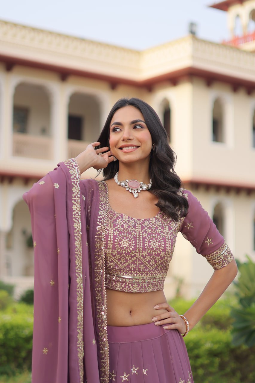 Embroidered Sequinned Semi-Stitched Lehenga & Blouse With Dupatta