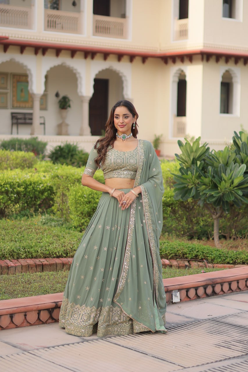 Embroidered Sequinned Semi-Stitched Lehenga & Blouse With Dupatta