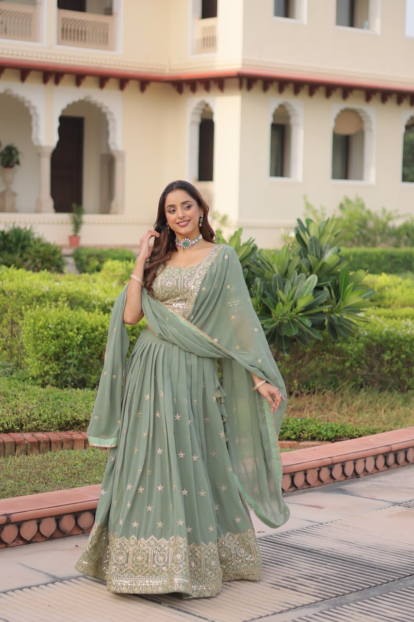 Embroidered Sequinned Semi-Stitched Lehenga & Blouse With Dupatta
