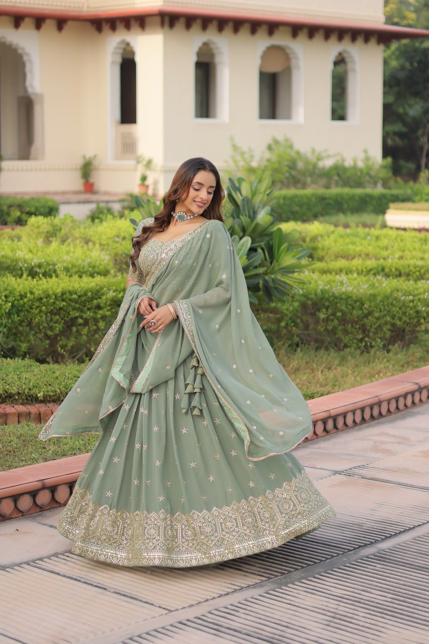 Embroidered Sequinned Semi-Stitched Lehenga & Blouse With Dupatta
