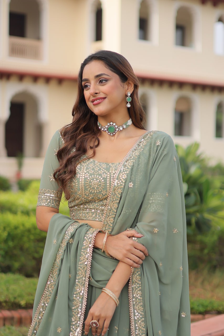 Embroidered Sequinned Semi-Stitched Lehenga & Blouse With Dupatta