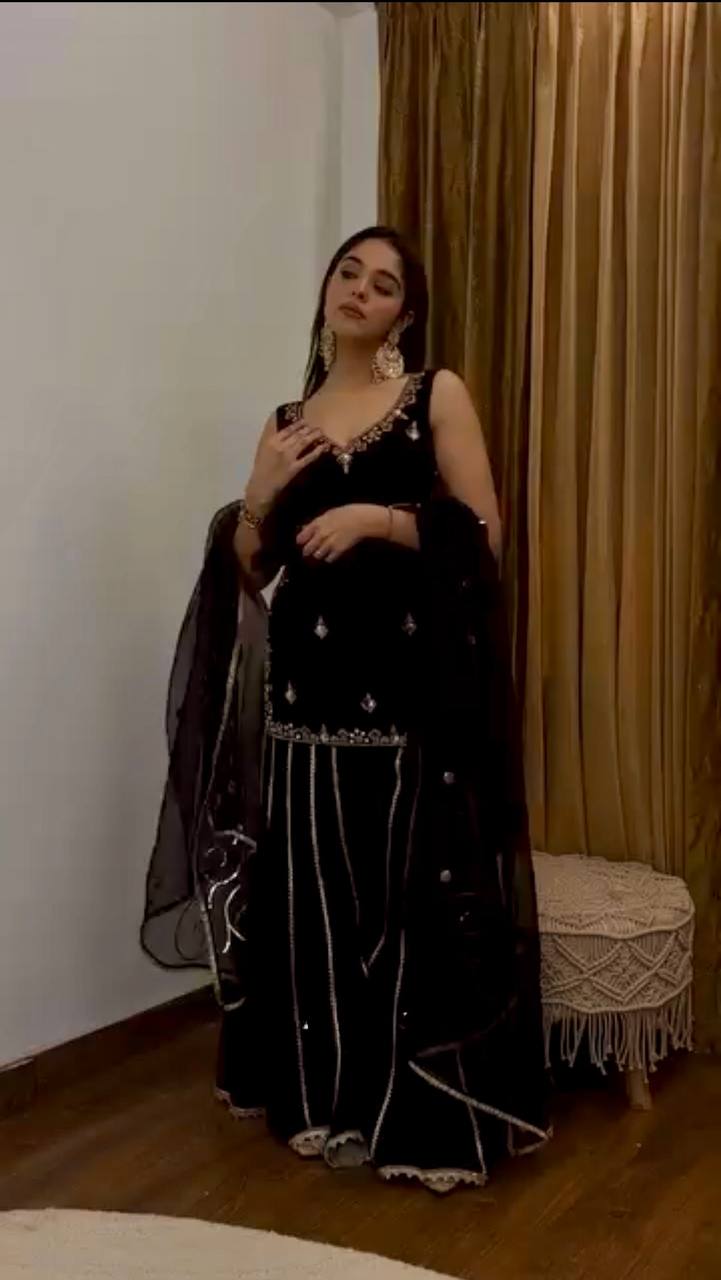 NEW DESIGNER PARTY WEAR HEAVY VISCOSE VELVET TOP WITH SHARARA
