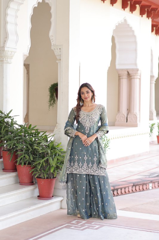 Smoke Gray Fendi Silk Coding Sequins Embroidered Kurti with Sharara & Designer Dupatta – Full Cotton Inner Party & Festive Wear Set