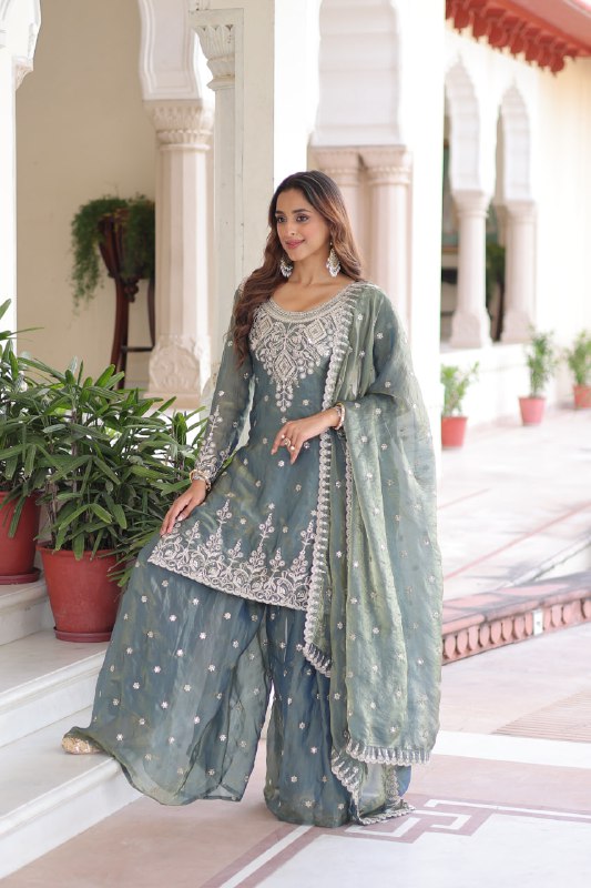 Smoke Gray Fendi Silk Coding Sequins Embroidered Kurti with Sharara & Designer Dupatta – Full Cotton Inner Party & Festive Wear Set