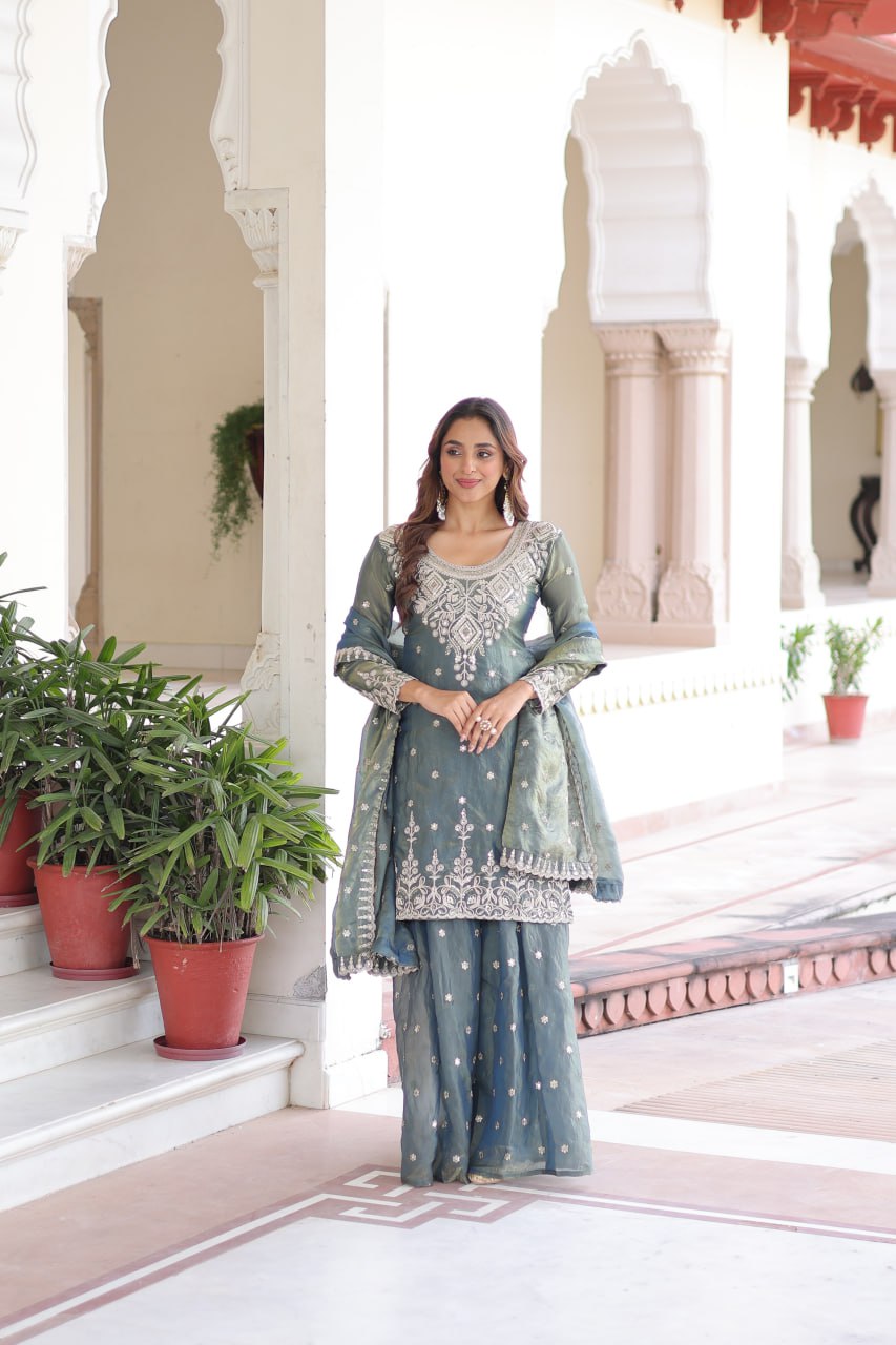 Smoke Gray Fendi Silk Coding Sequins Embroidered Kurti with Sharara & Designer Dupatta – Full Cotton Inner Party & Festive Wear Set
